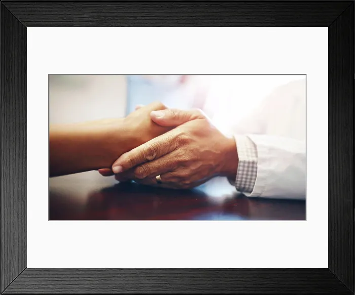 Framed Print : Support, doctor and holding hands of patient for care