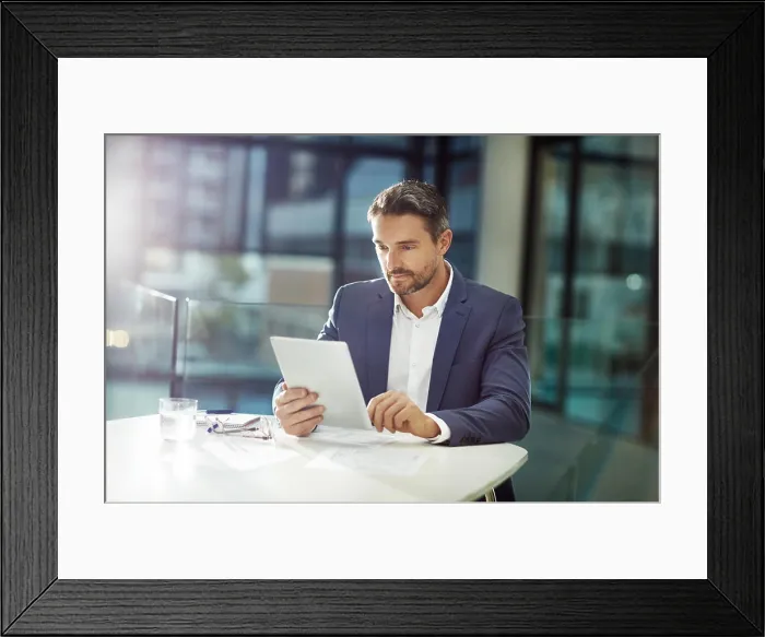 Framed Print : Research, happy and man with tablet