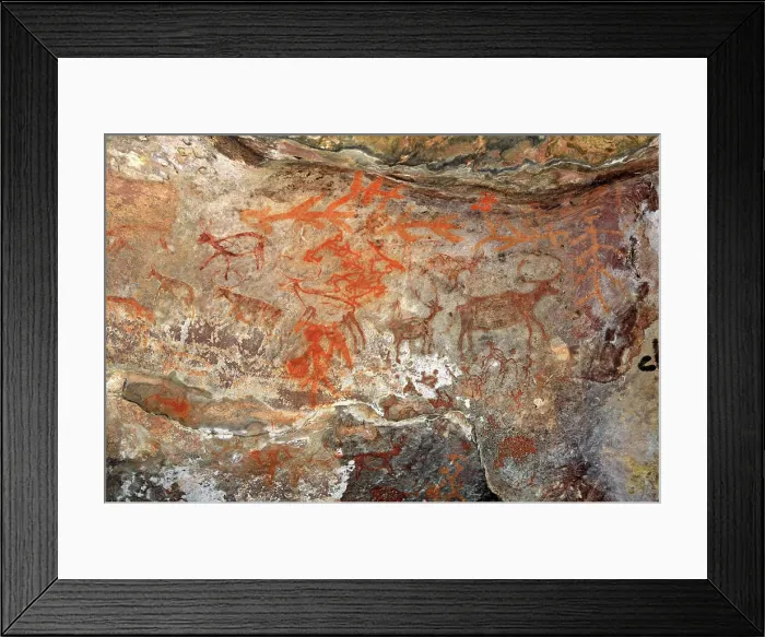 Framed Print : Cave paintings showing animals on rock shelters no 12 ten thousands years old at Bhimbetka near Bhopal