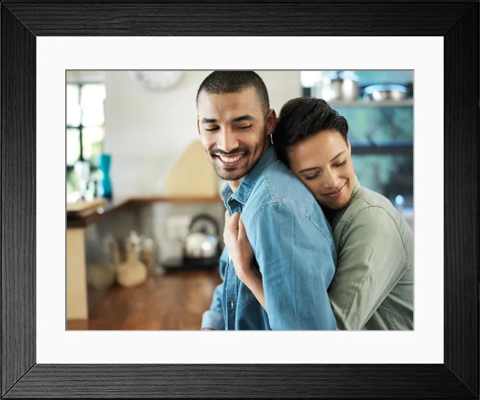 Framed Print : Smile, couple and hug with love in kitchen of care Framed Print : Smile, couple and hug with love in kitchen of care
