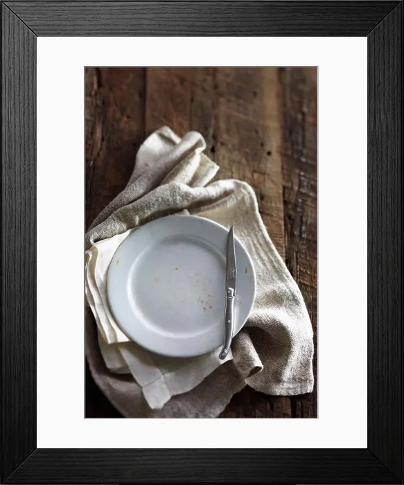 Framed Print : Antique Knife, Plate and Cloth Napkins Framed Print : Antique Knife, Plate and Cloth Napkins