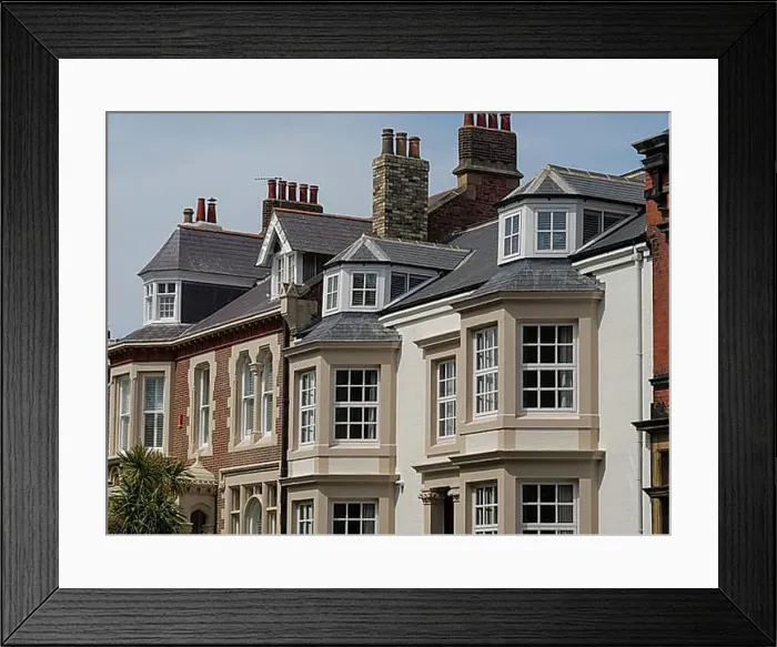 Framed Print : Terraced houses with large windows and tiled roofs in an urban environment, tynemouth, England, United Kingdom, Europe
