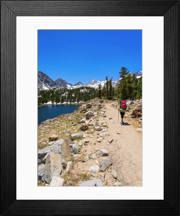 Framed Print : Woman backpacking along Box Lake in Little Lakes Valley, John Muir Wilderness, California, USA (MR)