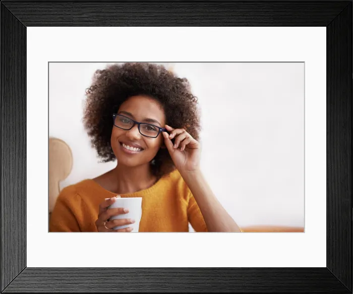 Framed Print : Portrait, smile and glasses on woman in home lounge Framed Print : Portrait, smile and glasses on woman in home lounge