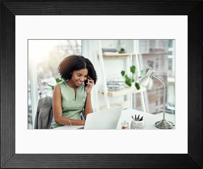 Framed Print : Phone call, laptop and businesswoman in office Framed Print : Phone call, laptop and businesswoman in office