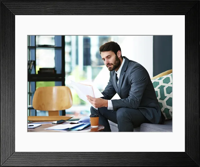 Framed Print : Businessman, lawyer and reading with documents at office for case
