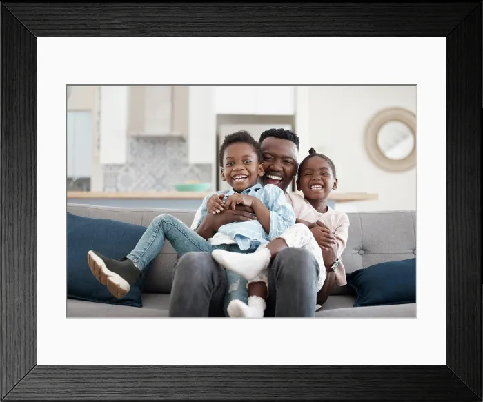 Framed Print : Hug, happy and portrait of a father with children on the sofa for playing Framed Print : Hug, happy and portrait of a father with children on the sofa for playing