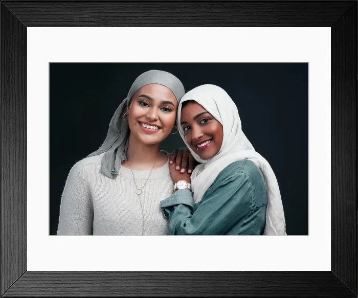 Framed Print : Fashion, muslim women and smile in studio for culture