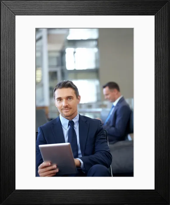 Framed Print : Tablet, Portrait or business man with smile in airport lobby for invest strategy Framed Print : Tablet, Portrait or business man with smile in airport lobby for invest strategy