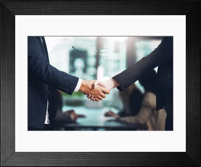 Framed Print : Handshake, interview and hands of business people in a meeting for a deal Framed Print : Handshake, interview and hands of business people in a meeting for a deal