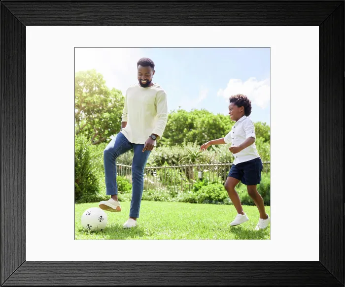 Framed Print : Soccer, dad and kid on a summer garden with exercise