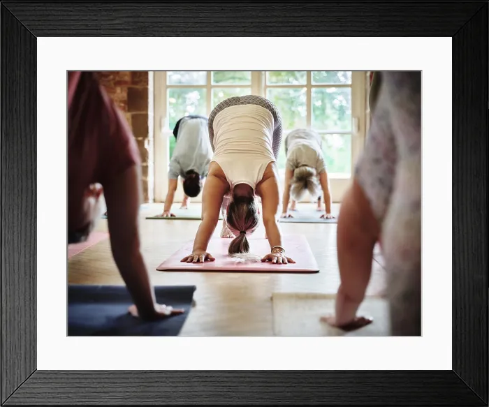 Framed Print : Woman, yoga and class in body stretching or pose for spiritual wellness Framed Print : Woman, yoga and class in body stretching or pose for spiritual wellness
