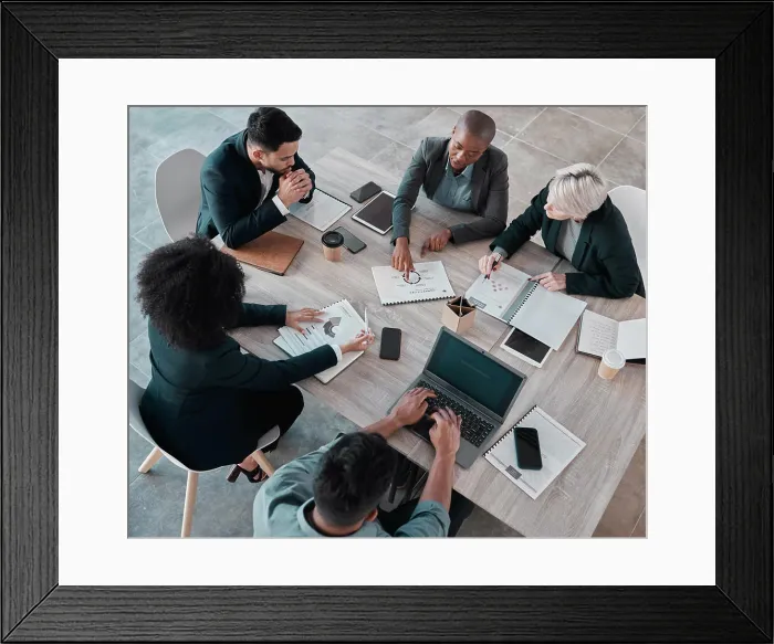 Framed Print : Business people, meeting and tech with charts for sales review Framed Print : Business people, meeting and tech with charts for sales review