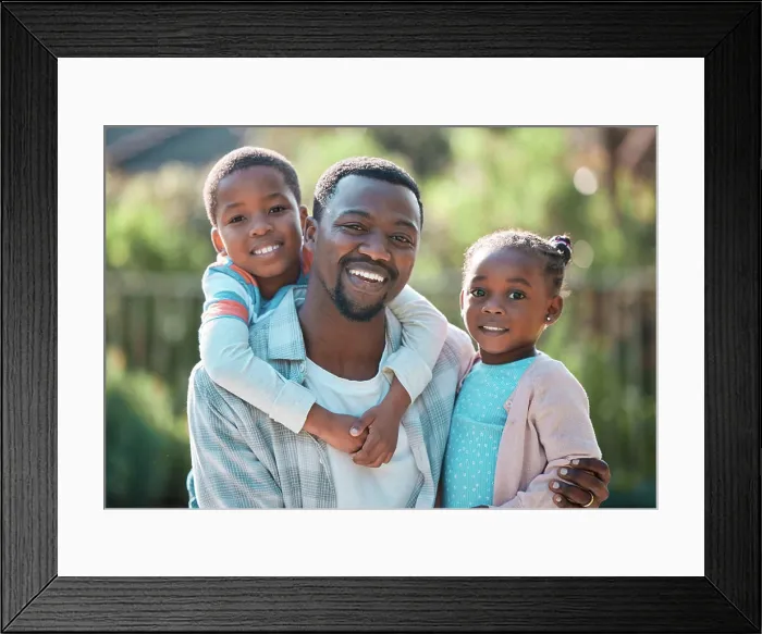 Framed Print : Black people, dad and kids with smile in garden on portrait for bonding Framed Print : Black people, dad and kids with smile in garden on portrait for bonding