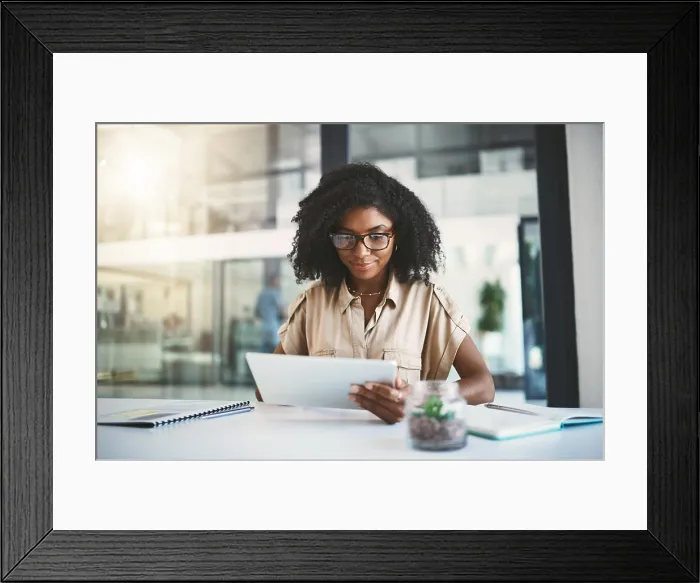 Framed Print : Woman, searching and tablet in office for business Framed Print : Woman, searching and tablet in office for business