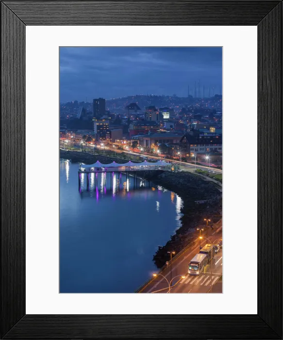 Framed Print : Chile, Los Lagos Region, Puerto Montt, waterfront, elevated view at dusk Framed Print : Chile, Los Lagos Region, Puerto Montt, waterfront, elevated view at dusk