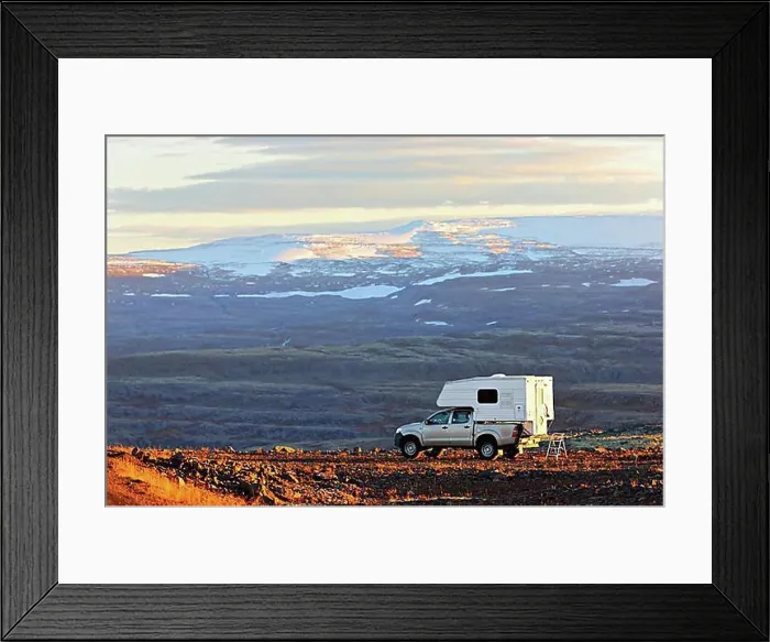 Framed Print : Camper Van parked in volcanic landscape, Westfjoerds, Iceland, Europe Framed Print : Camper Van parked in volcanic landscape, Westfjoerds, Iceland, Europe