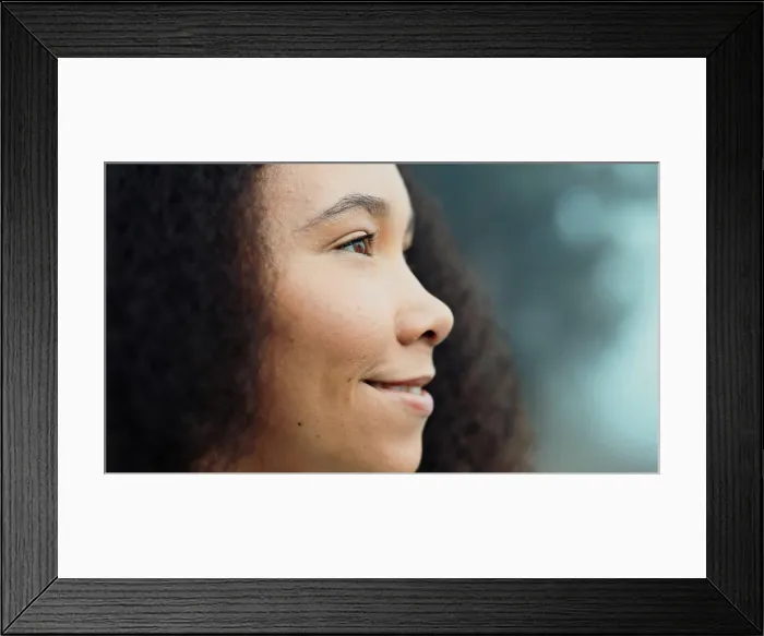 Framed Print : Woman, face and thinking, meditation in nature with fresh air while camping and calm in the woods Framed Print : Woman, face and thinking, meditation in nature with fresh air while camping and calm in the woods
