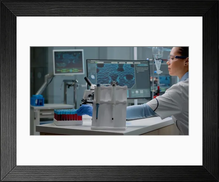 Framed Print : Scientist woman sitting in laboratory with chemical technology Framed Print : Scientist woman sitting in laboratory with chemical technology