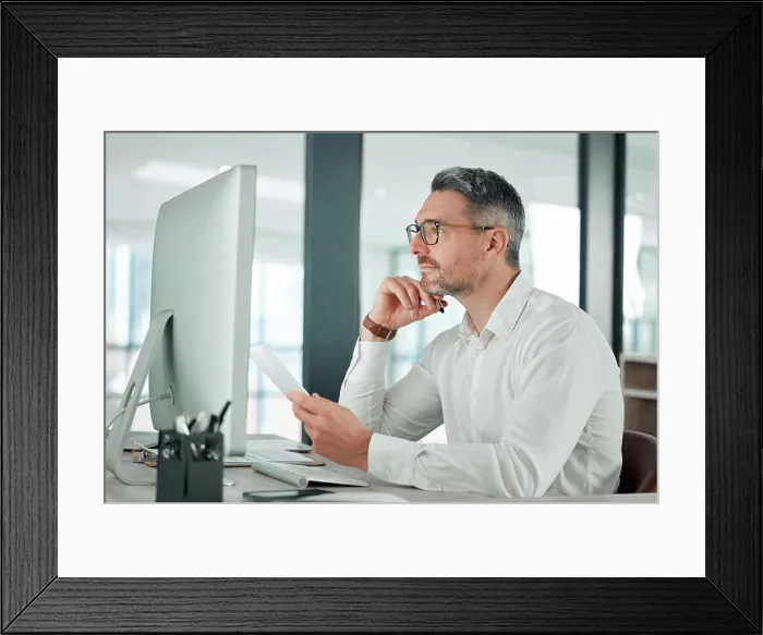 Framed Print : Businessman, computer and thinking on research Framed Print : Businessman, computer and thinking on research
