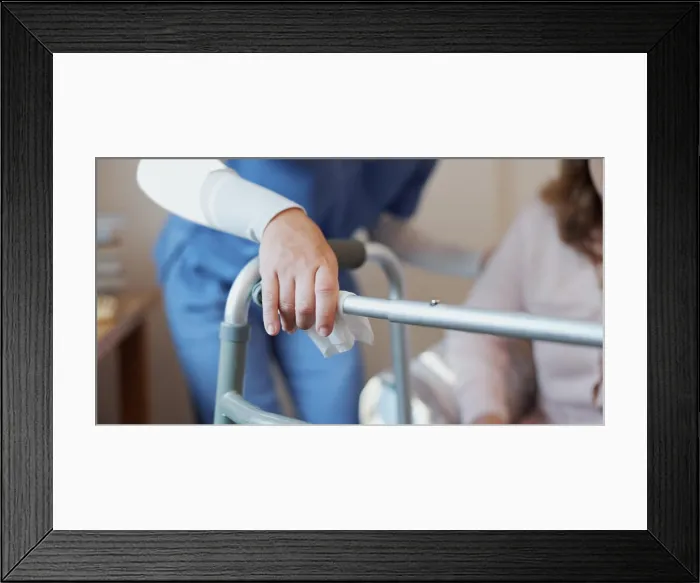 Framed Print : Nurse, mature woman and hands for medical assistance in retirement home for safety Framed Print : Nurse, mature woman and hands for medical assistance in retirement home for safety