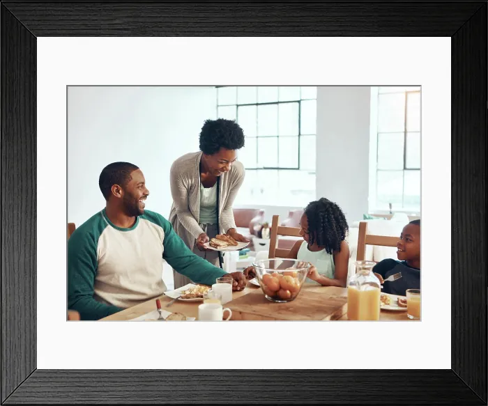 Framed Print : Happy family, parents and children for breakfast in home with serving Framed Print : Happy family, parents and children for breakfast in home with serving