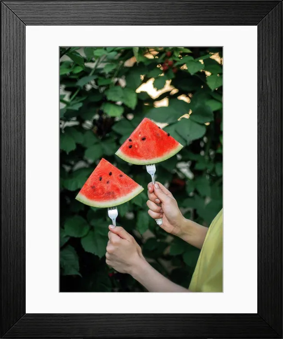 Framed Print : a woman with a watermelon on the garden Framed Print : a woman with a watermelon on the garden