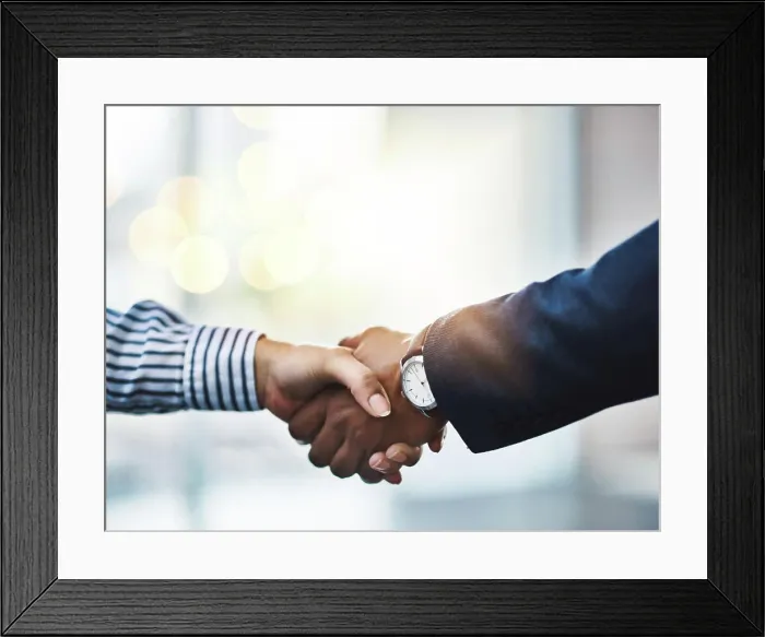 Framed Print : Business people, handshake and deal with promotion in office for meeting Framed Print : Business people, handshake and deal with promotion in office for meeting