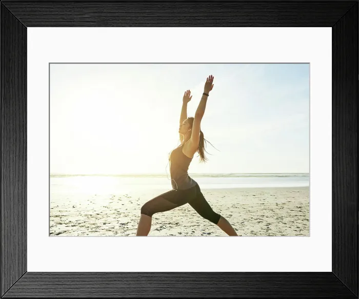 Framed Print : Yoga, space and woman at beach in warrior pose for posture and holistic health for calm soul Framed Print : Yoga, space and woman at beach in warrior pose for posture and holistic health for calm soul