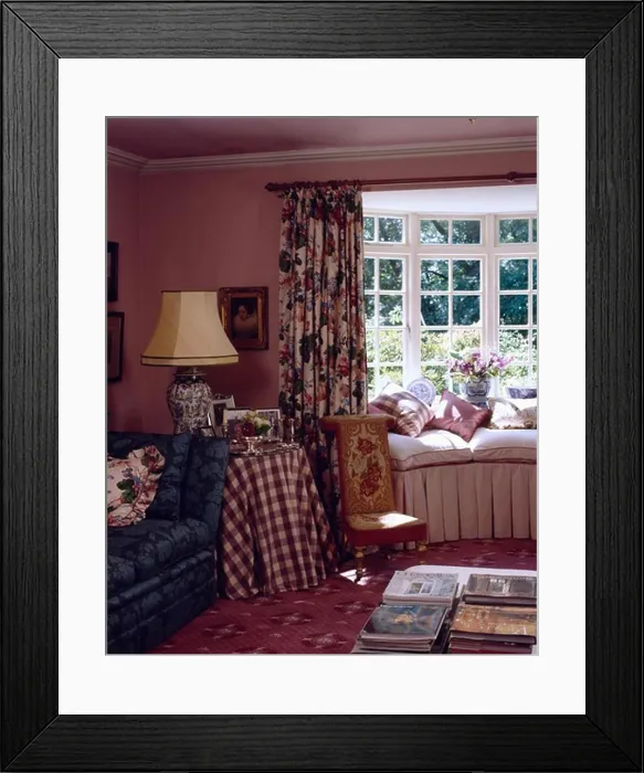 Framed Print : Traditional pink country cottage with window seat Framed Print : Traditional pink country cottage with window seat