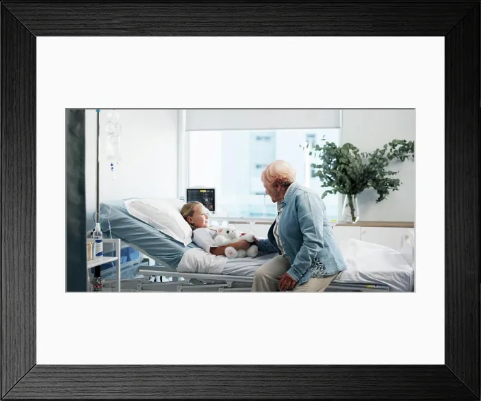 Framed Print : Girl, child and hospital bed with grandma for healthcare Framed Print : Girl, child and hospital bed with grandma for healthcare