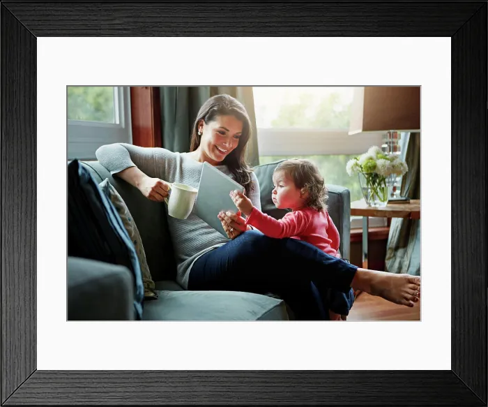 Framed Print : Happy woman, baby or mother in home with coffee to relax Framed Print : Happy woman, baby or mother in home with coffee to relax
