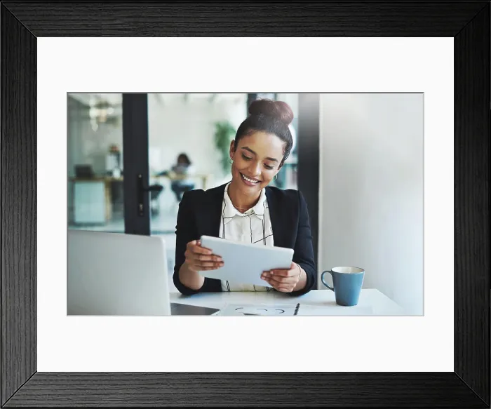 Framed Print : Tablet, internet and smile with business woman at work in office for law firm or case research