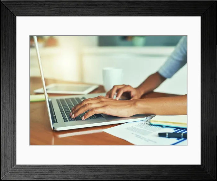 Framed Print : Business person, hands and typing with laptop for email Framed Print : Business person, hands and typing with laptop for email