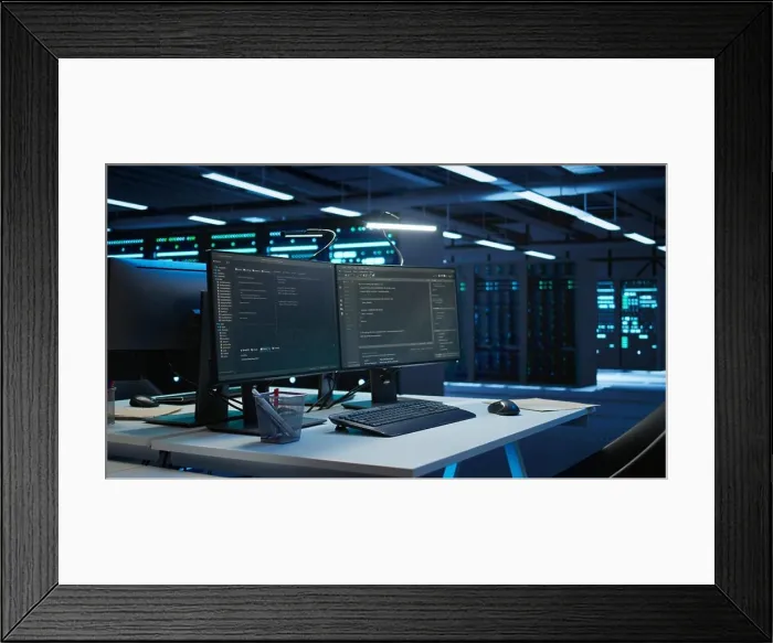 Framed Print : Computers in data center used for managing infrastructure rigs energy consumption Framed Print : Computers in data center used for managing infrastructure rigs energy consumption