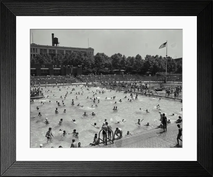 Framed Print : Vintage photograph. Astoria Park Pool. New York City. People playing in public pool