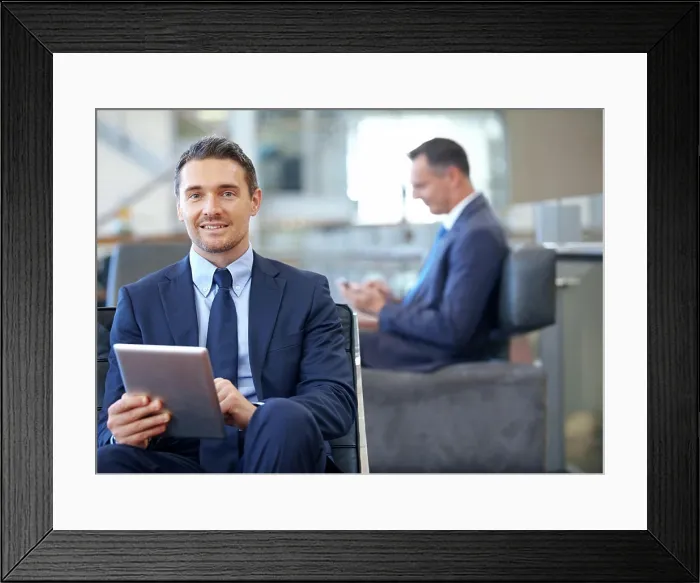 Framed Print : Corporate, portrait or travel businessman with tablet for invest strategy Framed Print : Corporate, portrait or travel businessman with tablet for invest strategy
