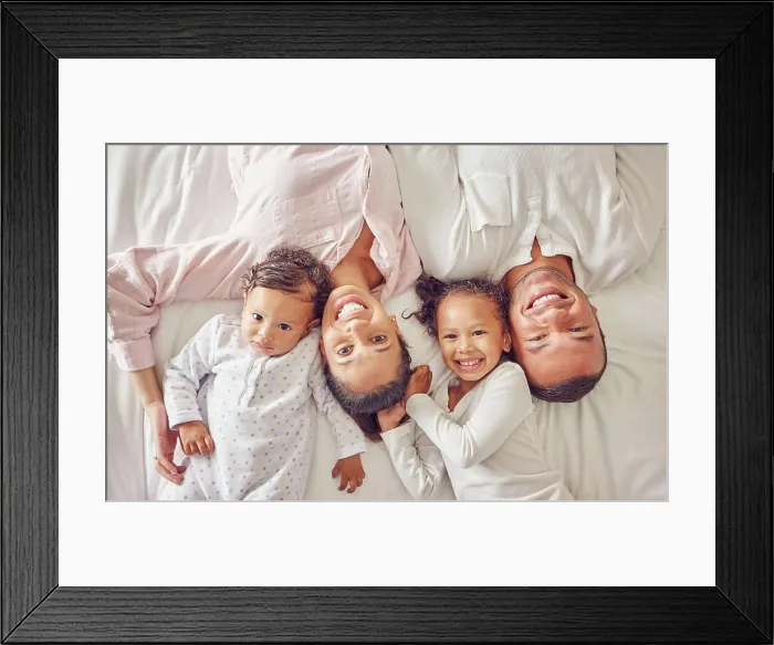 Framed Print : Portrait of family home, kids and parents on bed for fun morning Framed Print : Portrait of family home, kids and parents on bed for fun morning