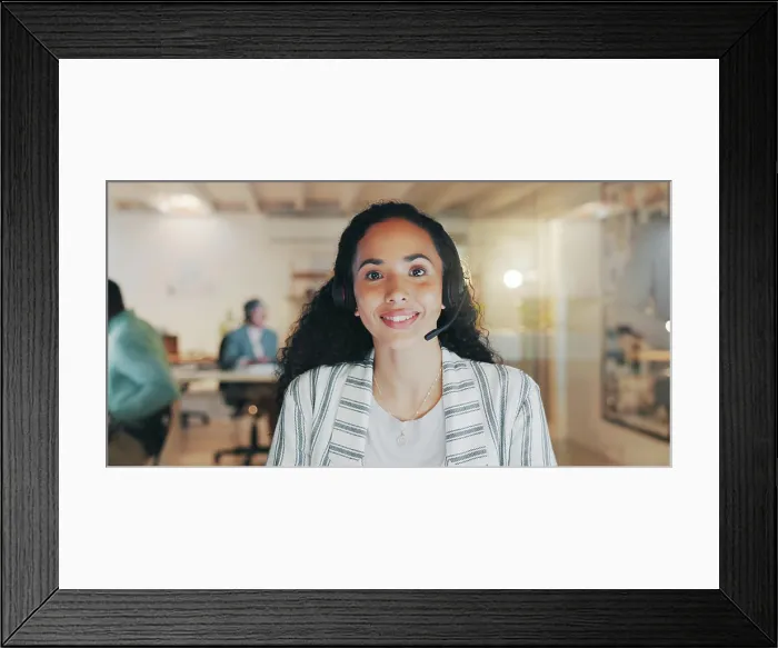 Framed Print : Customer service, call center and portrait of woman at night for telemarketing