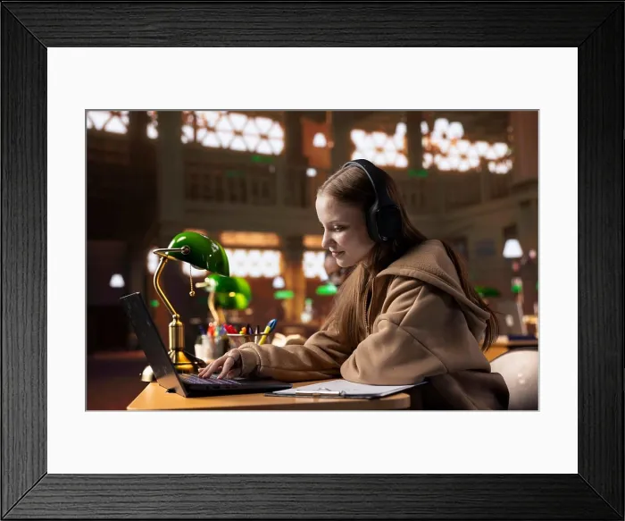Framed Print : College student listening to study music on headphones to create the perfect ambient for research Framed Print : College student listening to study music on headphones to create the perfect ambient for research