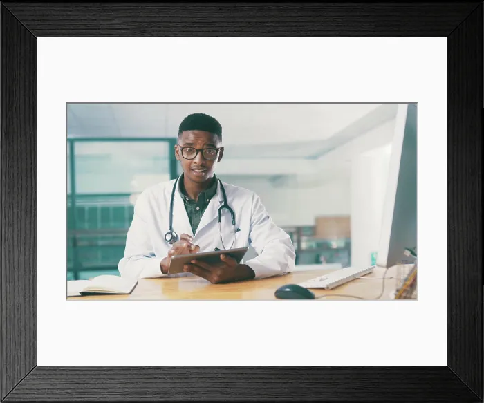 Framed Print : Tablet, black man and portrait of doctor in hospital with medical research for treatment planning Framed Print : Tablet, black man and portrait of doctor in hospital with medical research for treatment planning