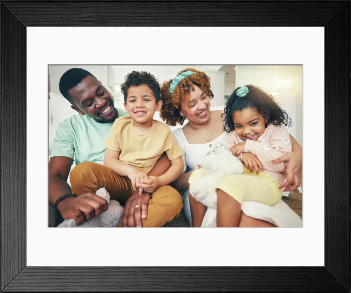 Framed Print : Black family, smile and living room sofa with bonding Framed Print : Black family, smile and living room sofa with bonding