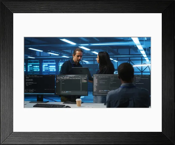 Framed Print : Multiethnic team of admins working in high tech server room capable of storing vast amounts of data
