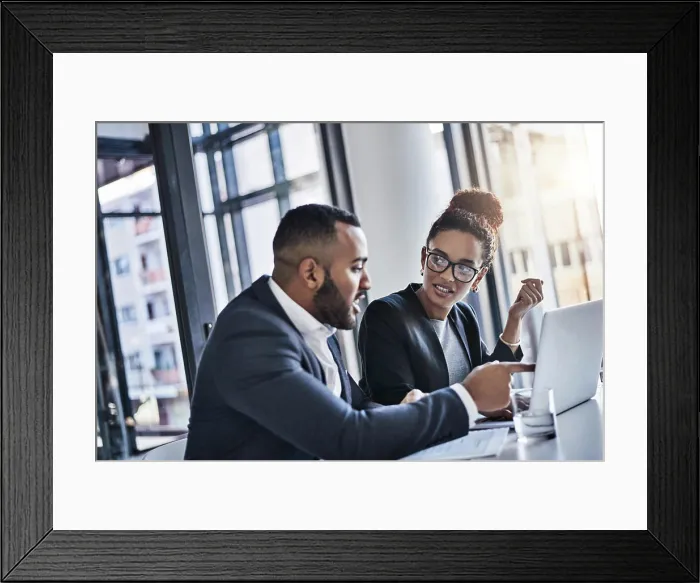 Framed Print : Lawyer, office and business people in discussion on laptop to review contract Framed Print : Lawyer, office and business people in discussion on laptop to review contract