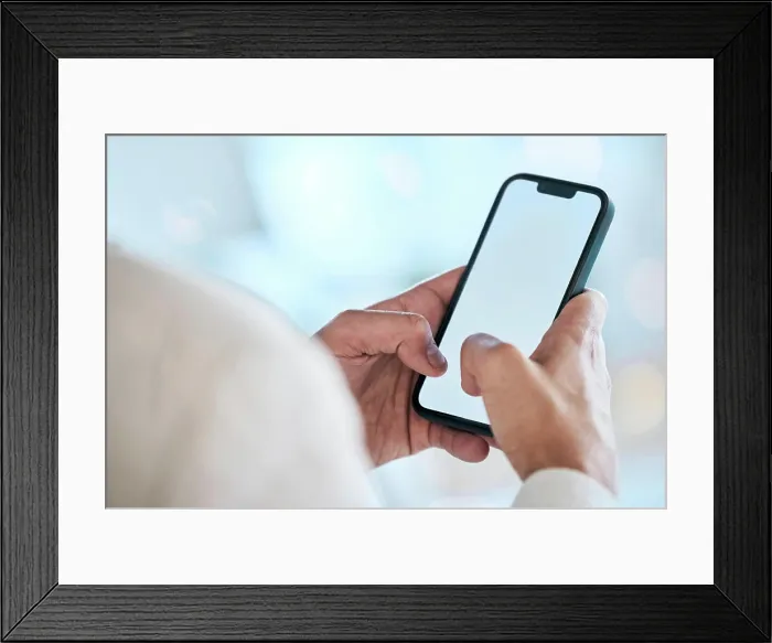 Framed Print : Businessman, hands and phone with mockup screen for social media