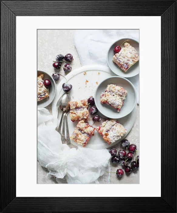 Framed Print : Homemade cherry crumble bars on a cozy kitchen setup Framed Print : Homemade cherry crumble bars on a cozy kitchen setup