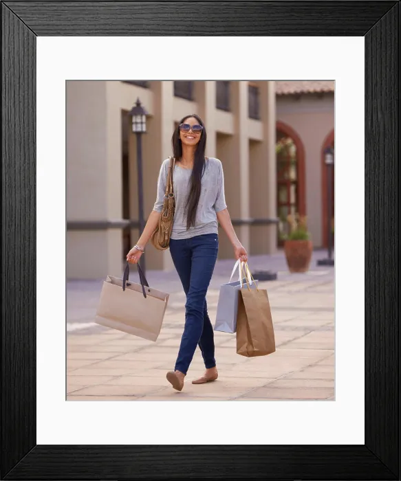 Framed Print : Happy, woman and shopping bag in city with sale