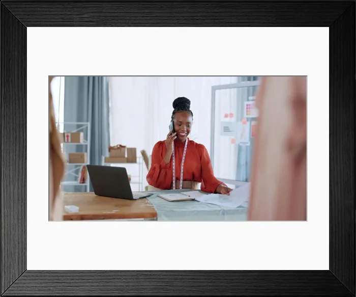 Framed Print : African designer woman, phone call and document for idea Framed Print : African designer woman, phone call and document for idea