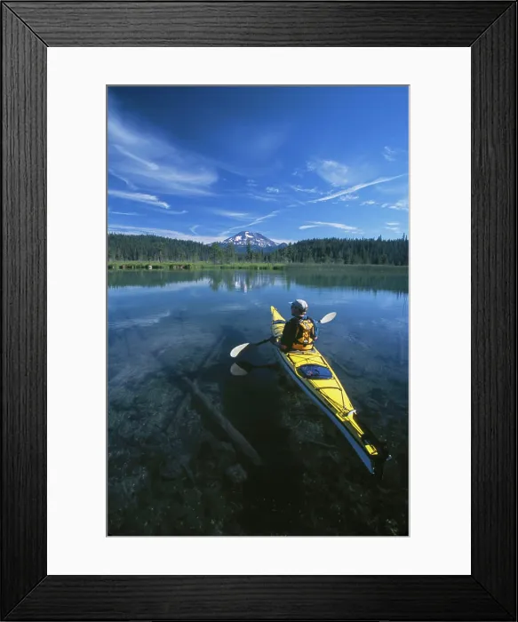 Framed Print : USA. Oregon, Male kayaker on Hosmer Lake, with view of South Sister. (MR) Framed Print : USA. Oregon, Male kayaker on Hosmer Lake, with view of South Sister. (MR)