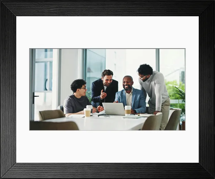 Framed Print : Excited, people and meeting with laptop in office for good news Framed Print : Excited, people and meeting with laptop in office for good news